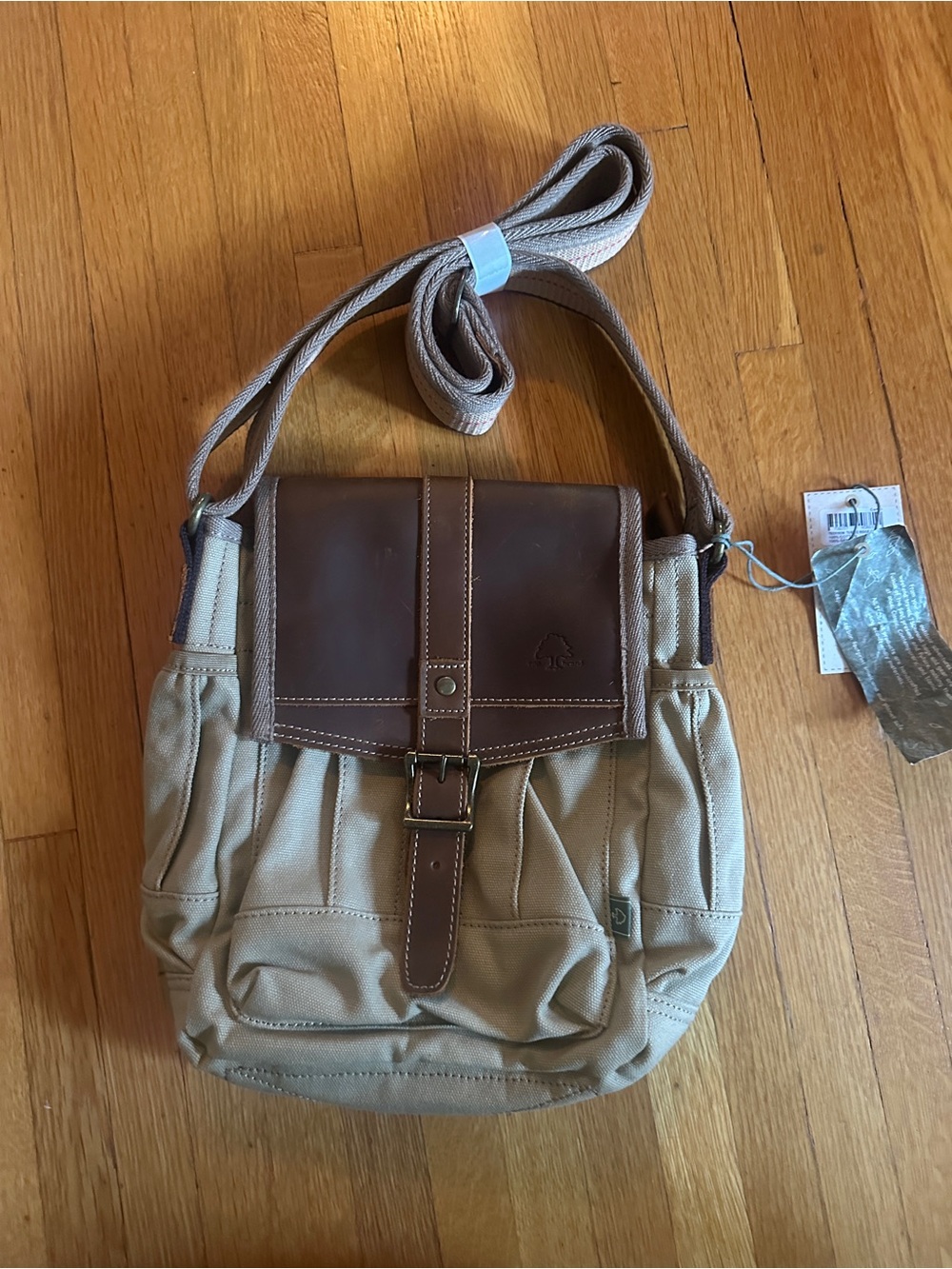 TSD Brand Turtle Ridge Crossbody Brown Leather, Tan Canvas, NWT